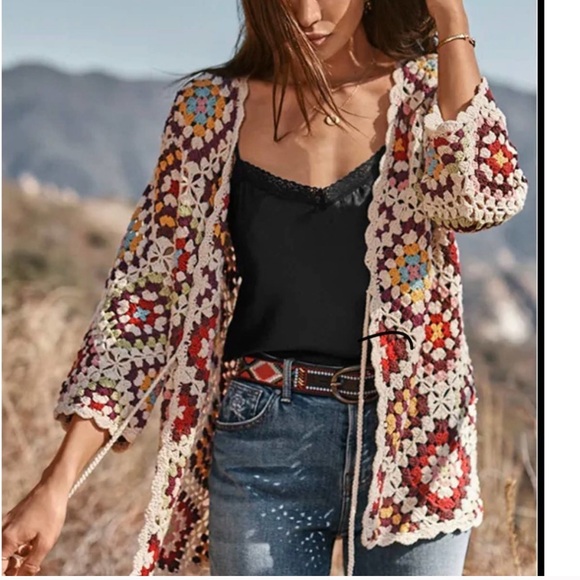 JOHNNY WAS Stevie Granny Square
Cardigan SZ L Crochet Boho Sweater Tassel
Tie - Picture 2 of 7